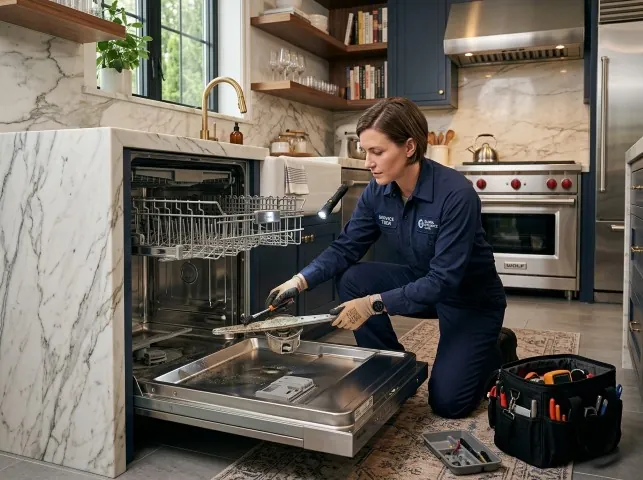 Appliance Repair Hero technician servicing a built-in dishwasher in a Battery Park, VA kitchen