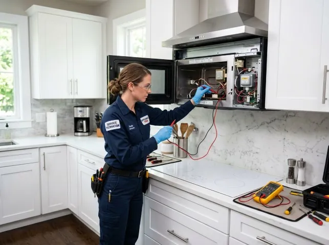 Appliance Repair Hero technician testing an over-the-range microwave in a Battery Park, VA kitchen