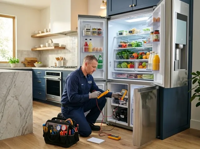 Appliance Repair Hero refrigerator technician testing a fridge on a Battery Park, VA service call